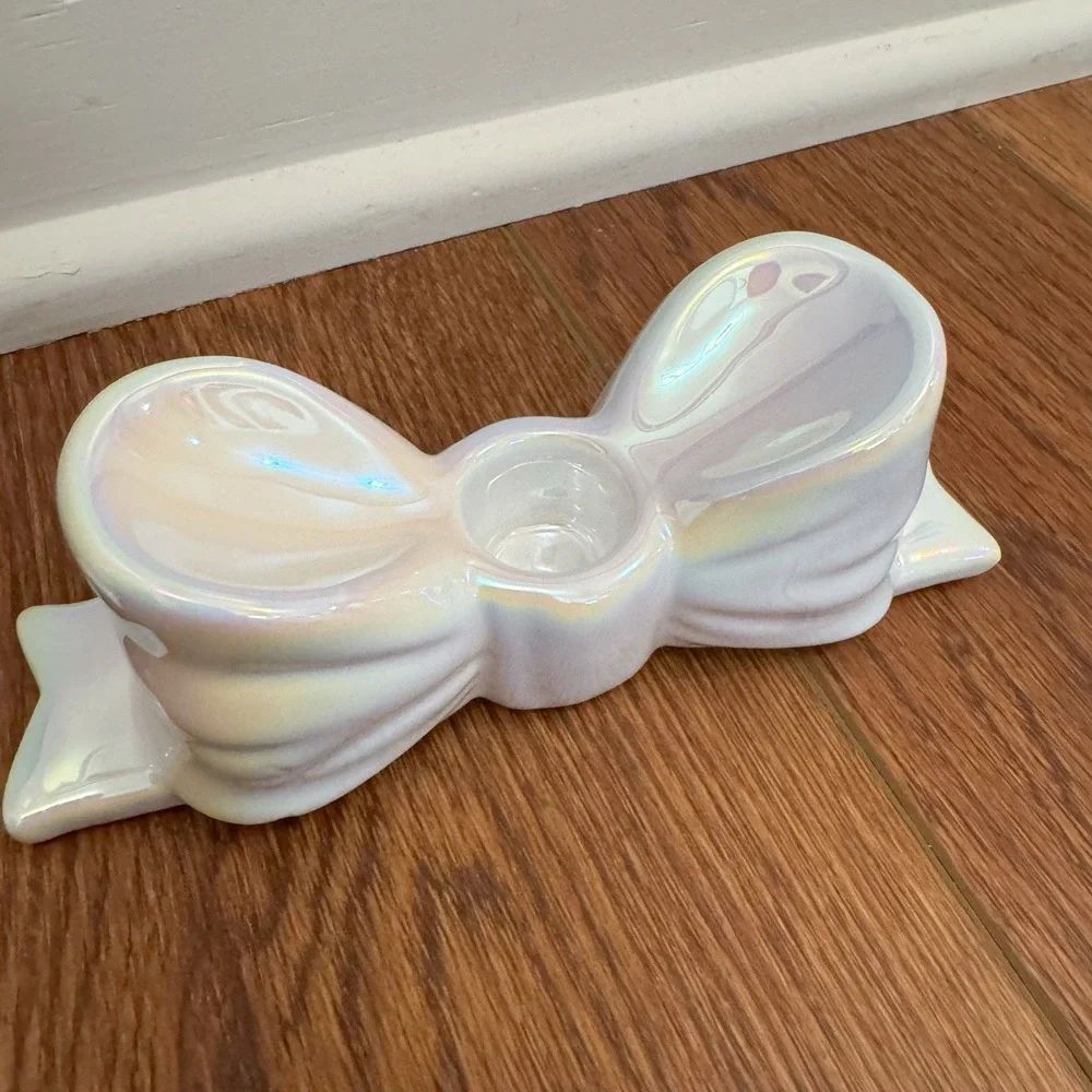Ceramic Iridescent Bow Taper Candle Holders‎ - Set of 2 New! Holiday Decor Girly